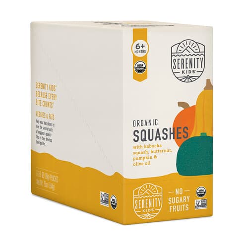 Serenity Kids, Luomukurpitsat kabocha-kurpitsalla, myskikurpitsalla, kurpitsalla ja oliiviöljyllä, 6+ kuukautta, 6 pussia, 99 g/pussi