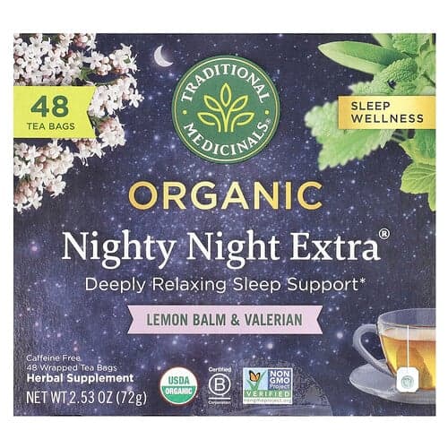 Traditional Medicinals, Luomu Nighty Night Extra®, sitruunamelissa ja valeriana, kofeiiniton, 48 käärittyä teepussia, 72 g
