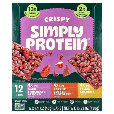 Simply Protein, Rapeita välipalapatukoita, lajikepakkaus, 12 patukkaa, 40 g/kpl