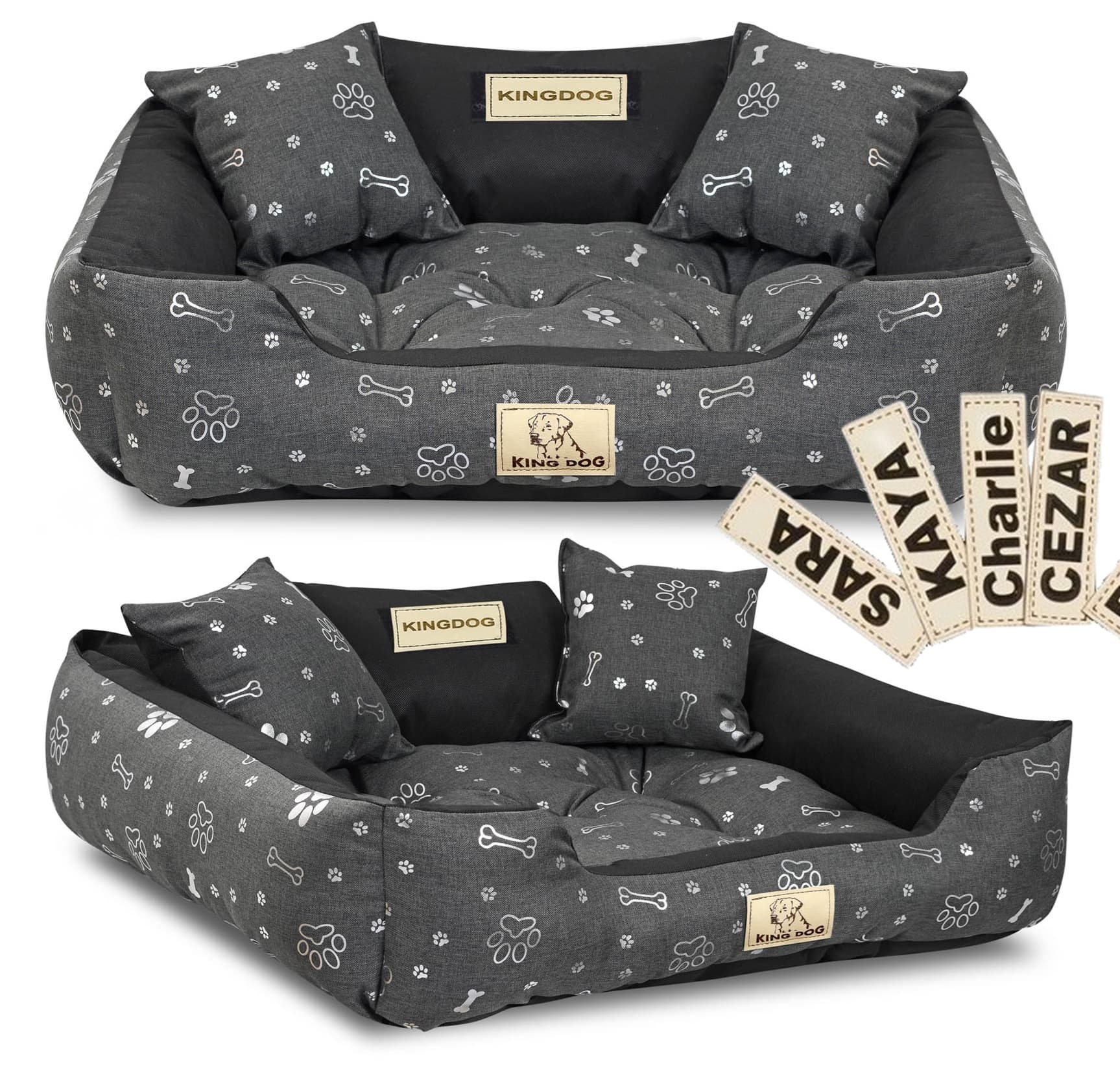 Koiran sänky koirankoppi KINGDOG 100x75 cm personalisoitu vesitiivis hopeiset luut