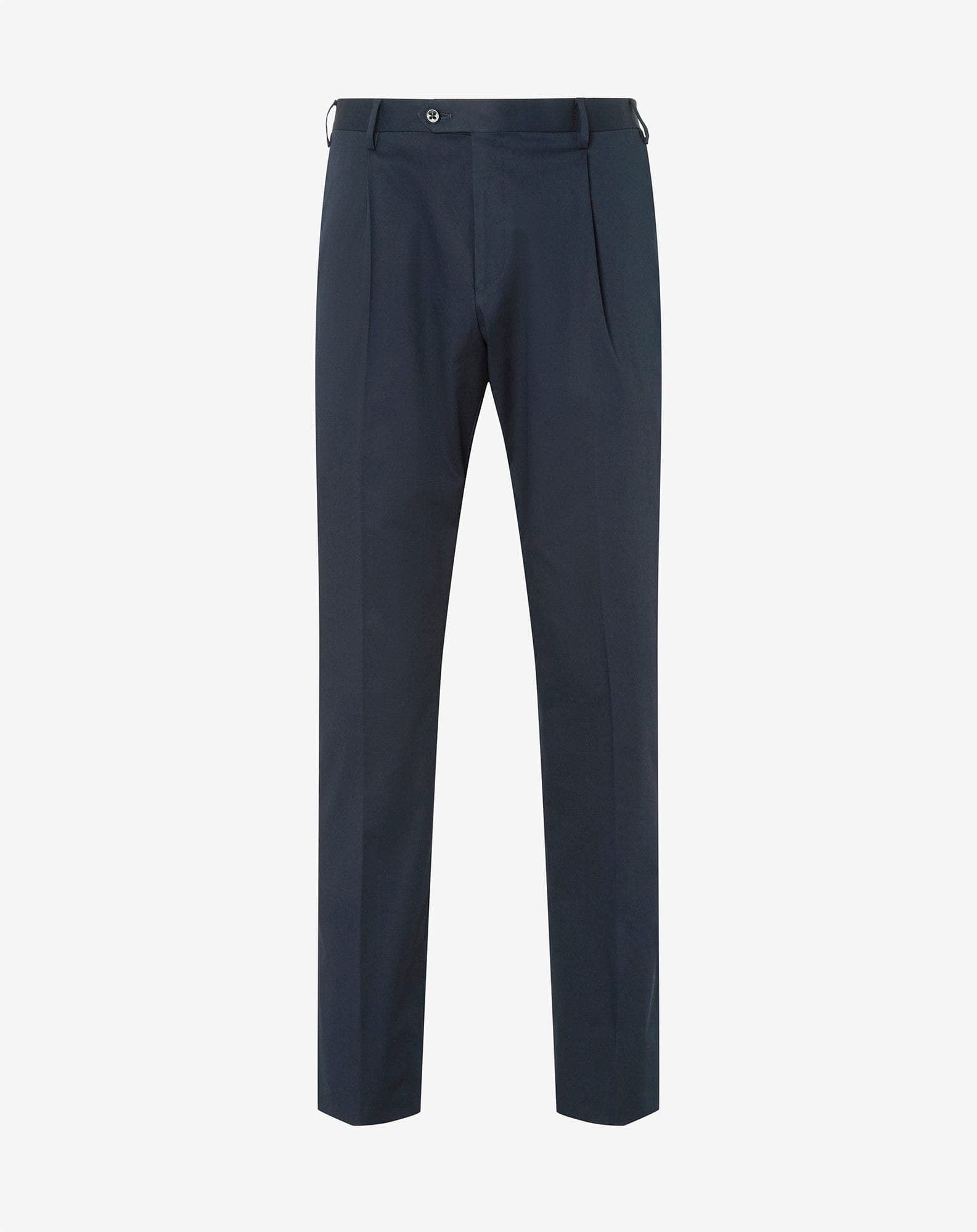 Blue one-pleat stretch cotton gabardine trousers