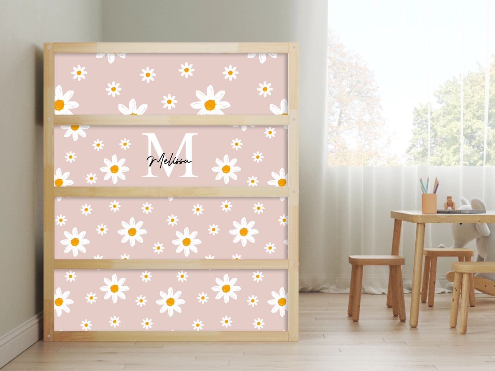 Itsekiinnittyvät tarrat – Ikea KURA -sänkyyn / Personoitu Daisy-suunnittelu