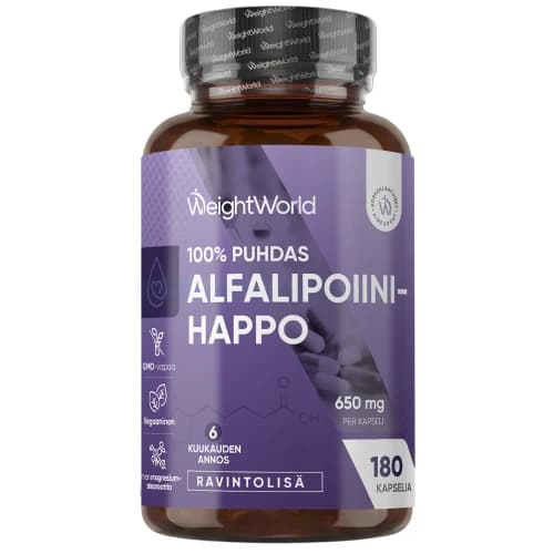 100 % puhdas alfalipoiinihappo - 650 mg 180 kapselia - vegaaneille sopiva ravintolisä ilman magnesiumstearaattia