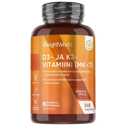 D3 + K2-vitamiini 2000 IU 200 mcg - 365 tablettia - immuunijärjestelmälle sekä luiden ja lihasten hoitoon, sopii kasvissyöjille.
