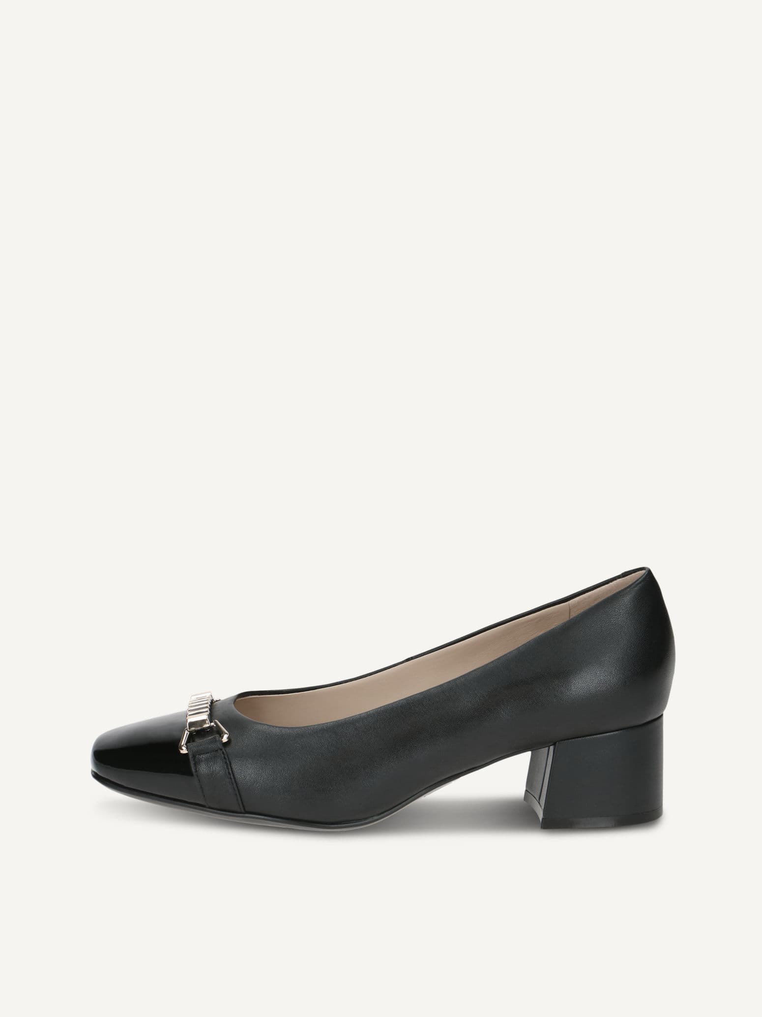 CAPRICE Pumps, black, made of Leather and textile with Trapeze heel, Size 39