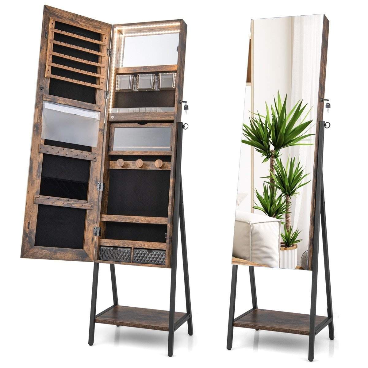 Korukaappi peilillä ja 3-värisellä LED-valolla 41,5 x 37 x 157 cm Rustiikki ruskea