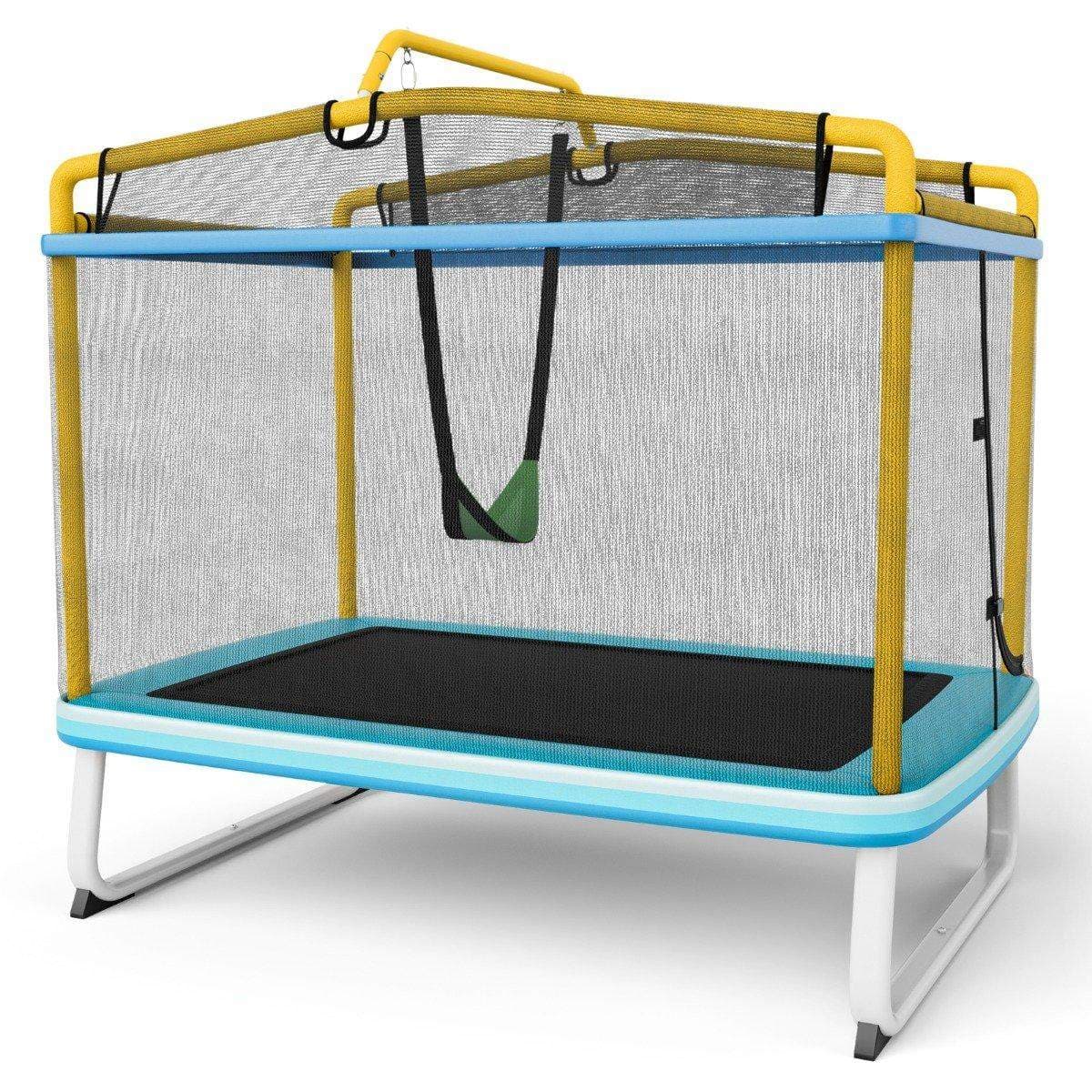 Suorakaiteen muotoinen 3-in-1 lasten trampoliini 190 x 124 cm vapaa-ajan trampoliini verkkosinisellä + keltaisella