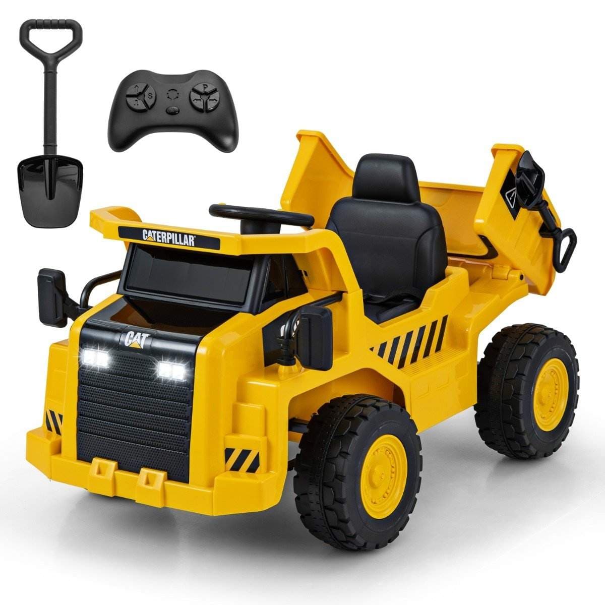 Lasten Caterpillar sähköauto 12 V kippiauto istumiseen hiekkalapiolla, kippisängyllä ja megafonilla