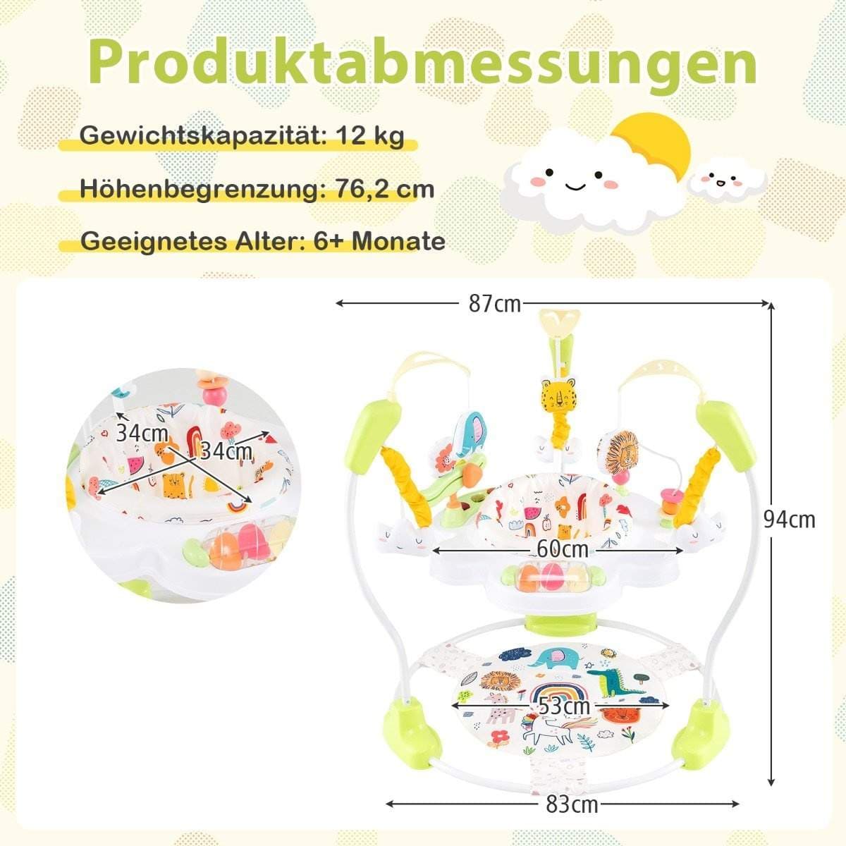 Baby Sky Jumperoo säädettävällä korkeudella ja leluilla ja musiikkilaatikolla Baby Walker keltainen