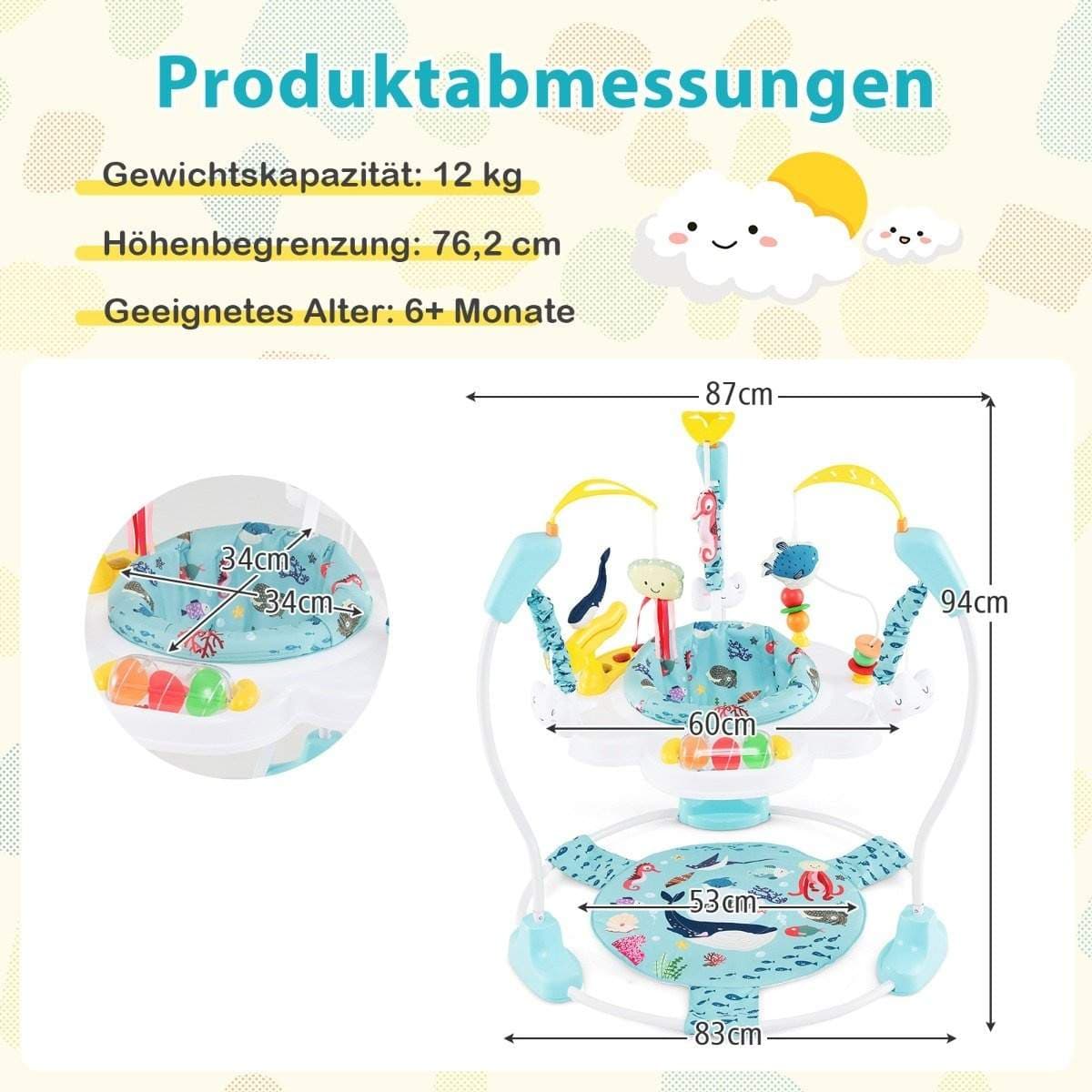 Baby Sky Jumperoo säädettävällä korkeudella ja leluilla ja musiikkirasiakävelijällä vaaleansininen