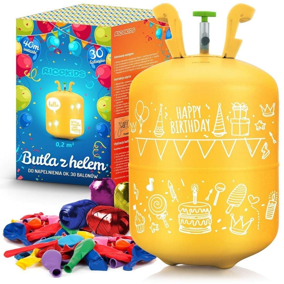 Helium-ilmapallopaketti 0,20m3 heliumilla, ilmapalloilla ja nauhalla
