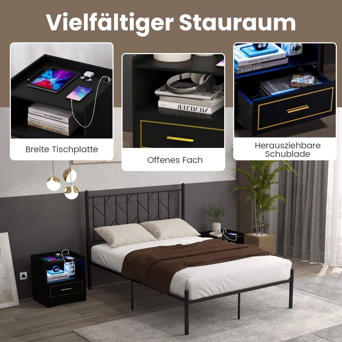 Yöpöytä LED-valolla, USB-portti ja Type-C-latausasema, yöpöytä liiketunnistimella, musta