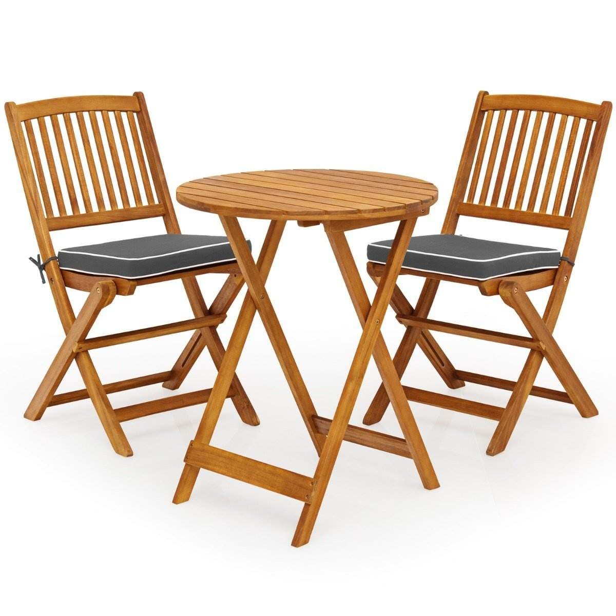 3-osainen parvekekalustesarja, jossa pyöreä pöytä, 2 tuolia ja 2 tyynyä. Ergonominen istuinsarja, harmaa.