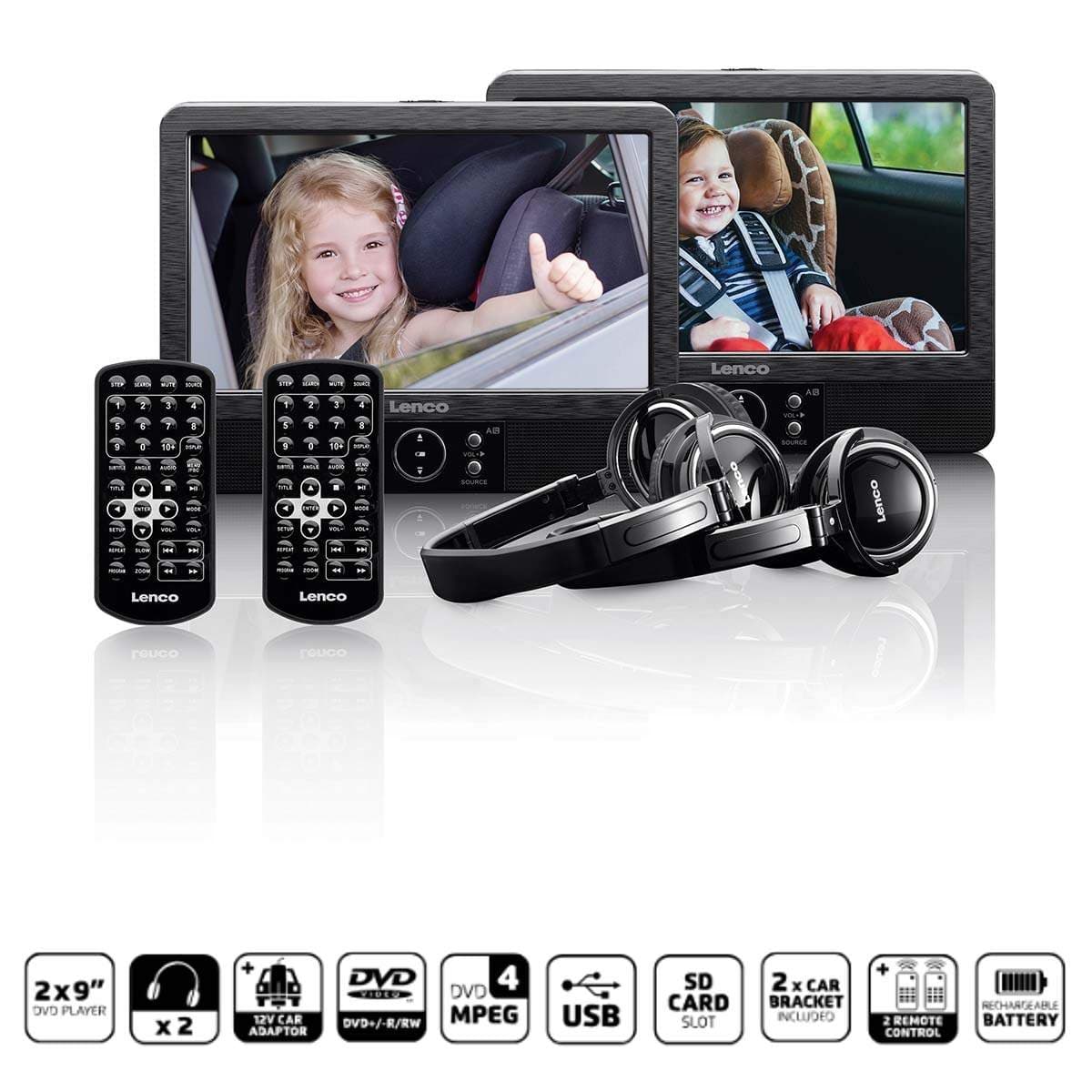 2x 9" kannettava DVD-soitin USB SD sisäänrakennetulla akkukuulokkeella ja kiinnikkeellä Musta