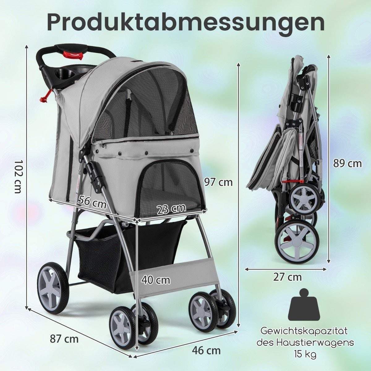 Lemmikkien rattaat verkkoikkunoilla ja mukitelineellä – harmaa, jopa 15 kg