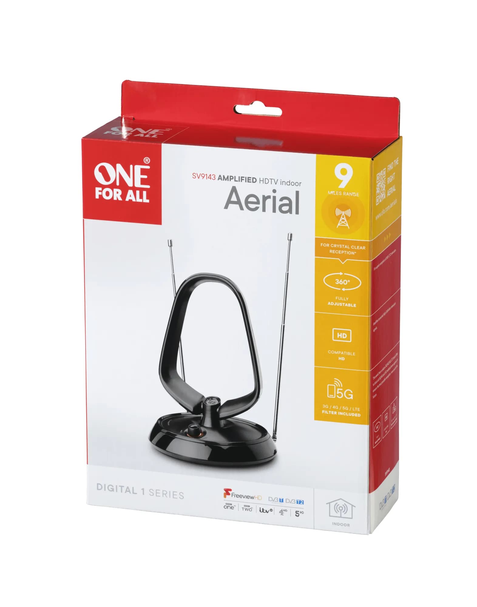 ONE FOR ALL SV9143 5G Vahvistava sisäantenni, 42 dB, LTE/5G-suodatin, Musta