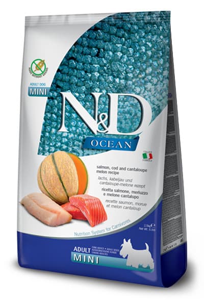 Farmina N&D Ocean Salmon, Cod & Cantaloupe Melon Adult Mini, Koiran kuivaruoka, 7 kg
