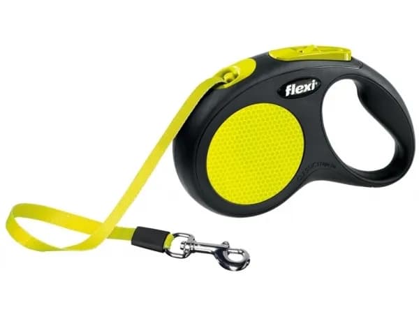 Flexi flexi New NEON, Koira, Joustava koiran hihna, musta, keltainen, nauha, 15 kg, 5 m