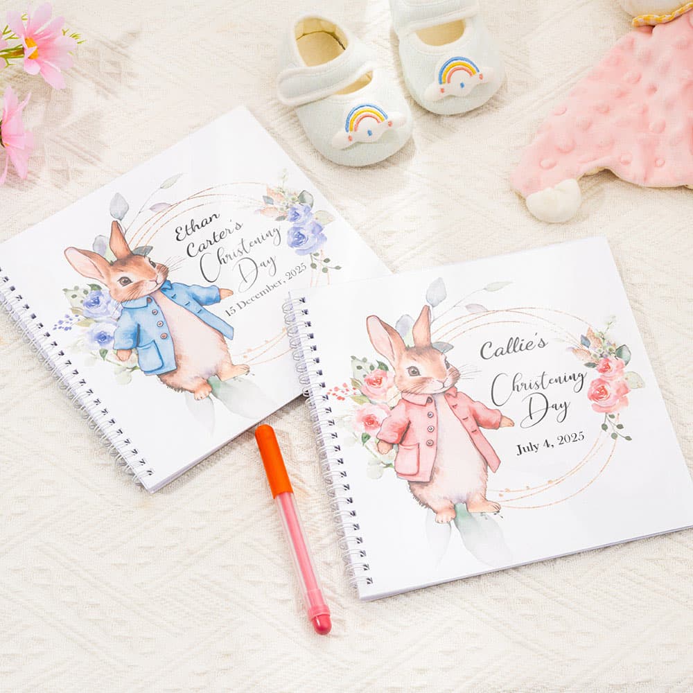 Henkilökohtainen Floral Peter Rabbit Spiral Ristiäiset Guest Book Clear PVC Linen Cover ja 80 tyhjää sivua Kaste Muisti lahja uusille vanhemmille