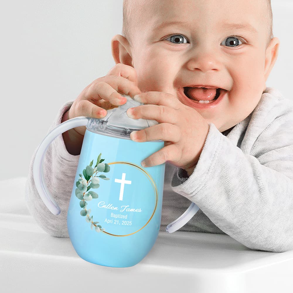 Henkilökohtainen Floral Leaf Wreath Cross 10 oz eristetty nimi Sippy Cup kansi ja kahva ensimmäinen ehtoollinen ristiäiset kaste lahja