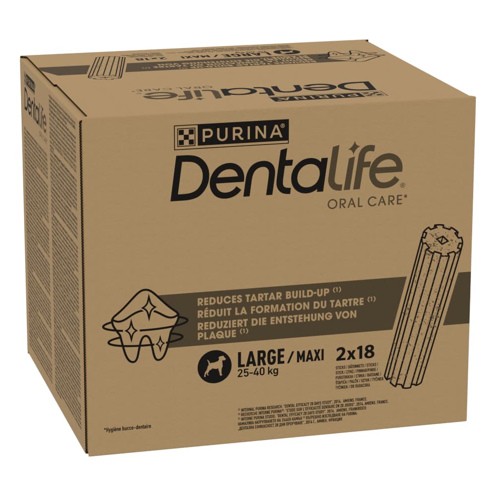 36 tikkua (12 x 106 g) Purina Dentalife hammashoitoherkut suurille koirille (25-40 kg)