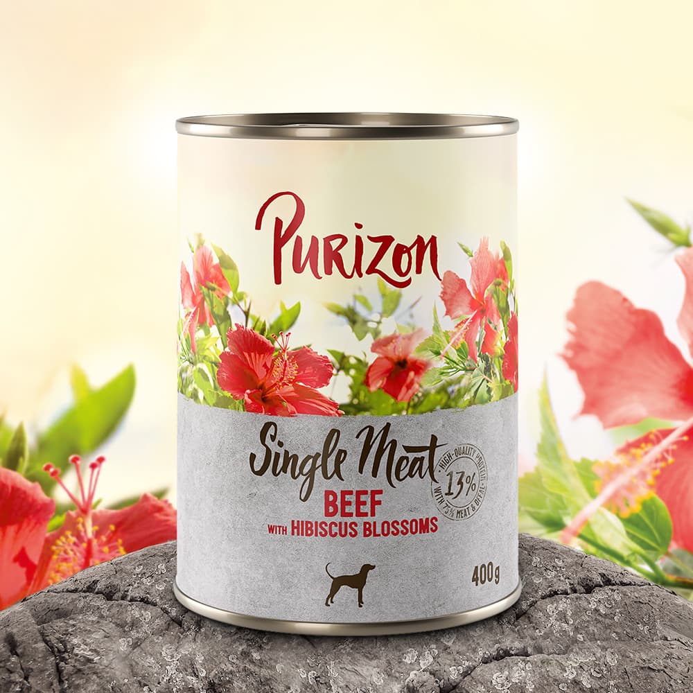 400g Single Meat nauta & bibiskuksenkukka Purizon koiran märkäruoka