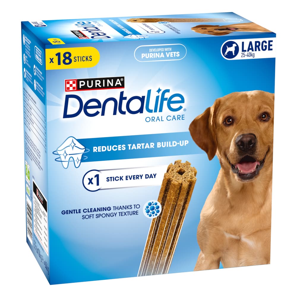 18 tikkua (6 x 106 g) Purina Dentalife hammashoitoherkut suurille koirille (25-40 kg)