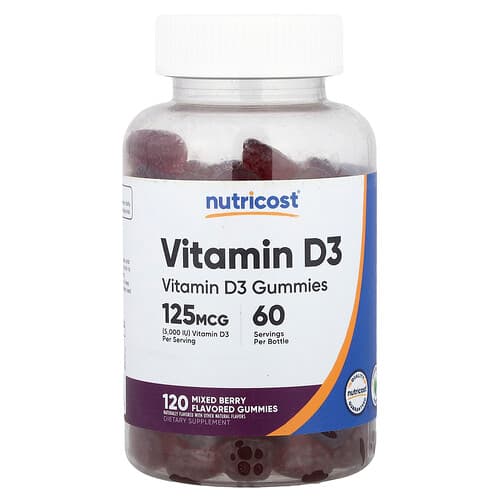Nutricost, D3-vitamiinikarkit, sekoitusmarjoja, 120 karkkia (62,5 mg karkkia kohden)