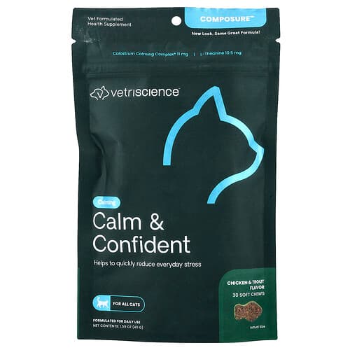 VetriScience, Composure™, Rauhallinen ja itsevarma, Kaikille Kissoille, Kana + Taimen, 30 Pehmeää Pureskelupalaa, 45 g