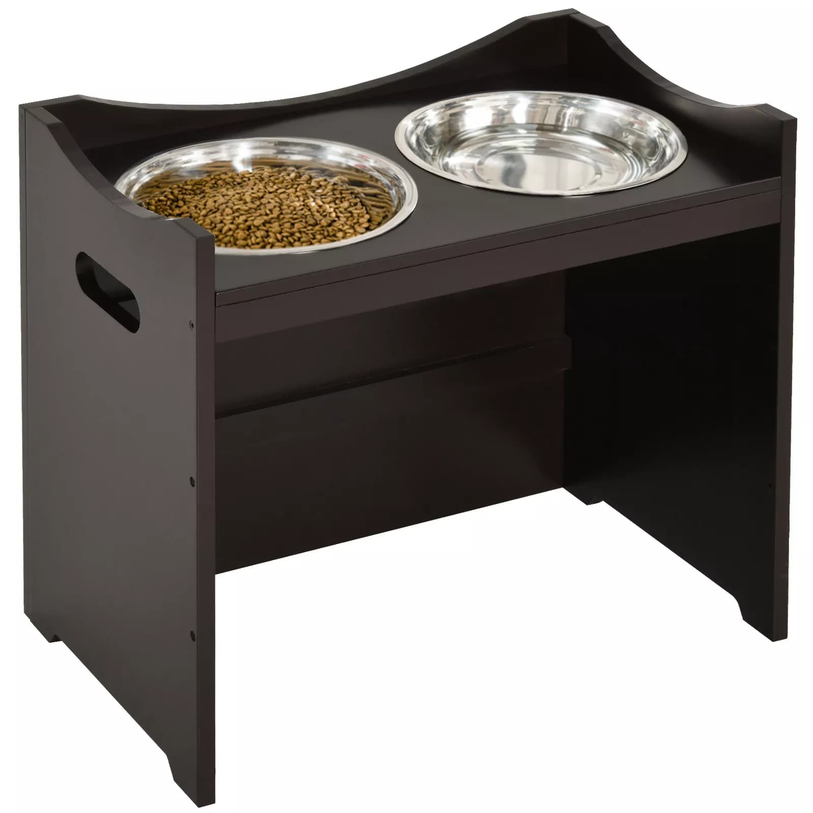 Säädettävä koiran ruokintateline teräskulhoilla – MDF – Tummanruskea, 54x31.5x47cm